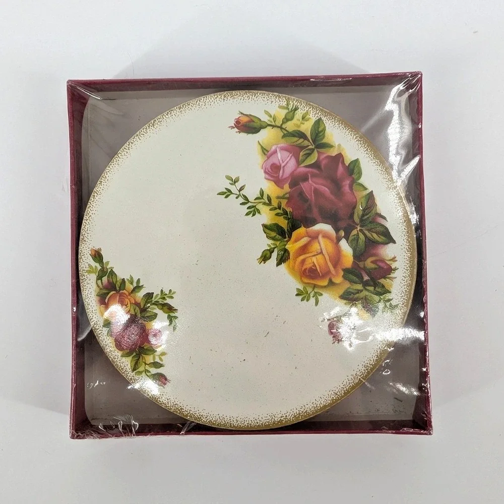 NOS Royal Albert Old Country Roses Coaster Set Vintage Floral Gold Rim NIB